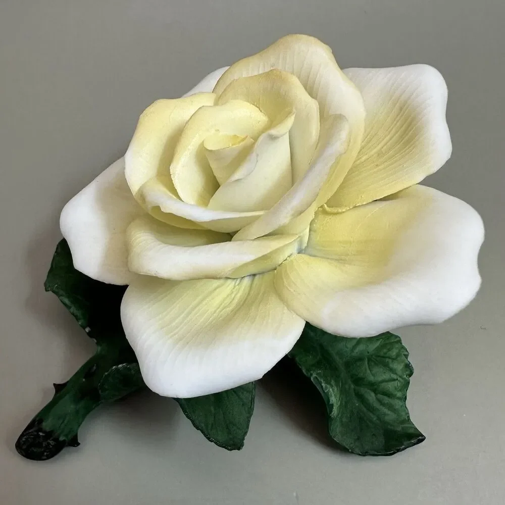 Vintage Porcelain White Rose Figurine Ceramic Flower Sculpture Capodimonte Style